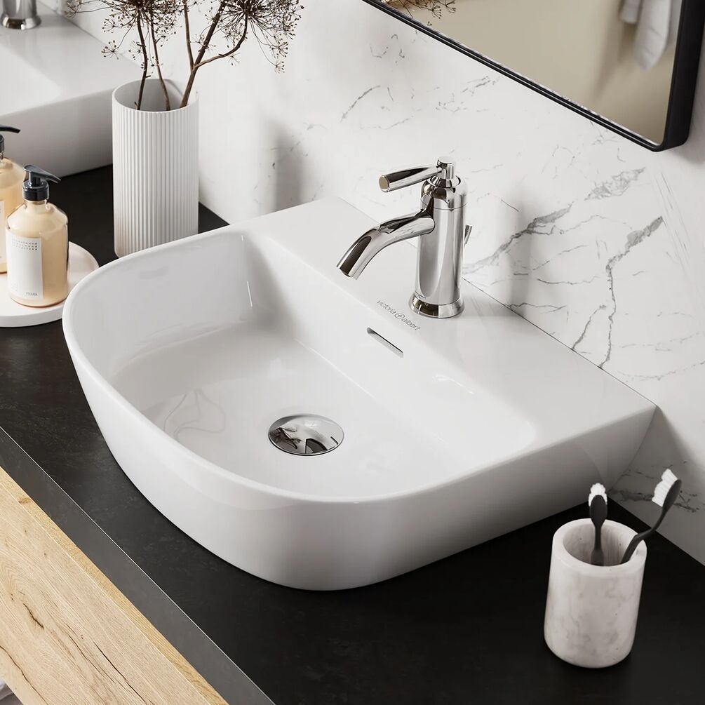 Lifestyle image of the Victoria + Albert Lussari 500mm Gloss White Back to Wall Countertop Basin